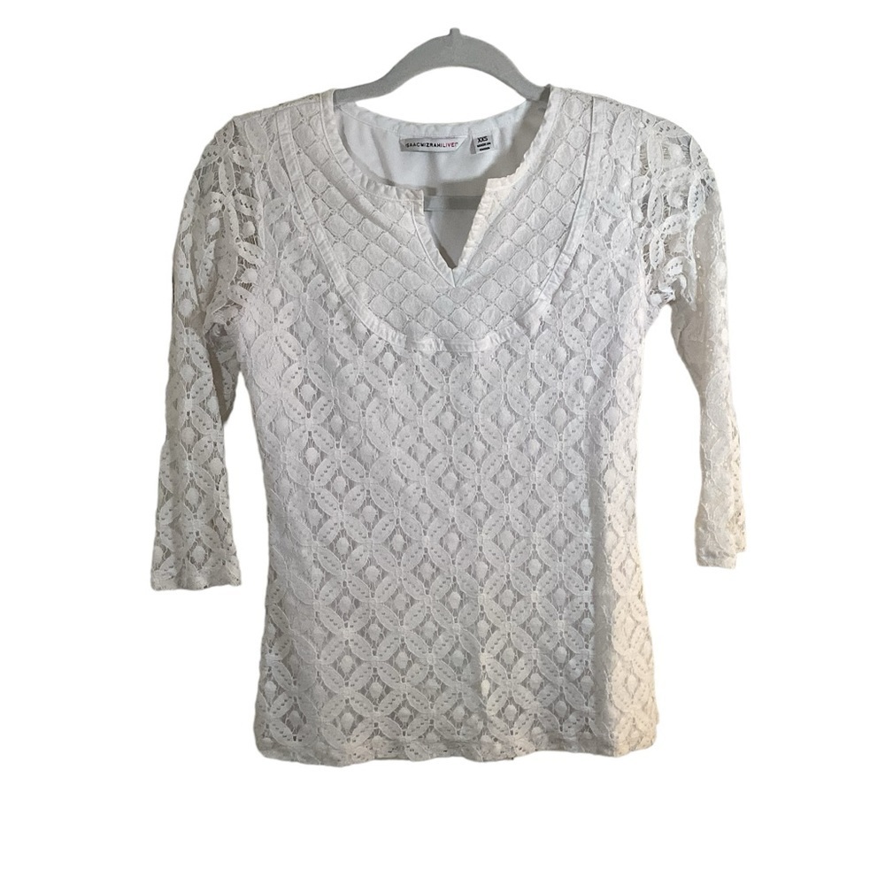 Isaac Mizrahi Women’s White Lace 3/4 Sleeve V-Neck Blouse.  Size XXS